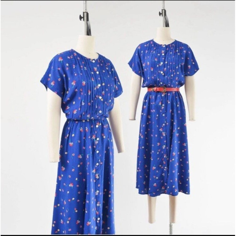 Vintage 90s Blue Floral Button Front Midi Dress size M